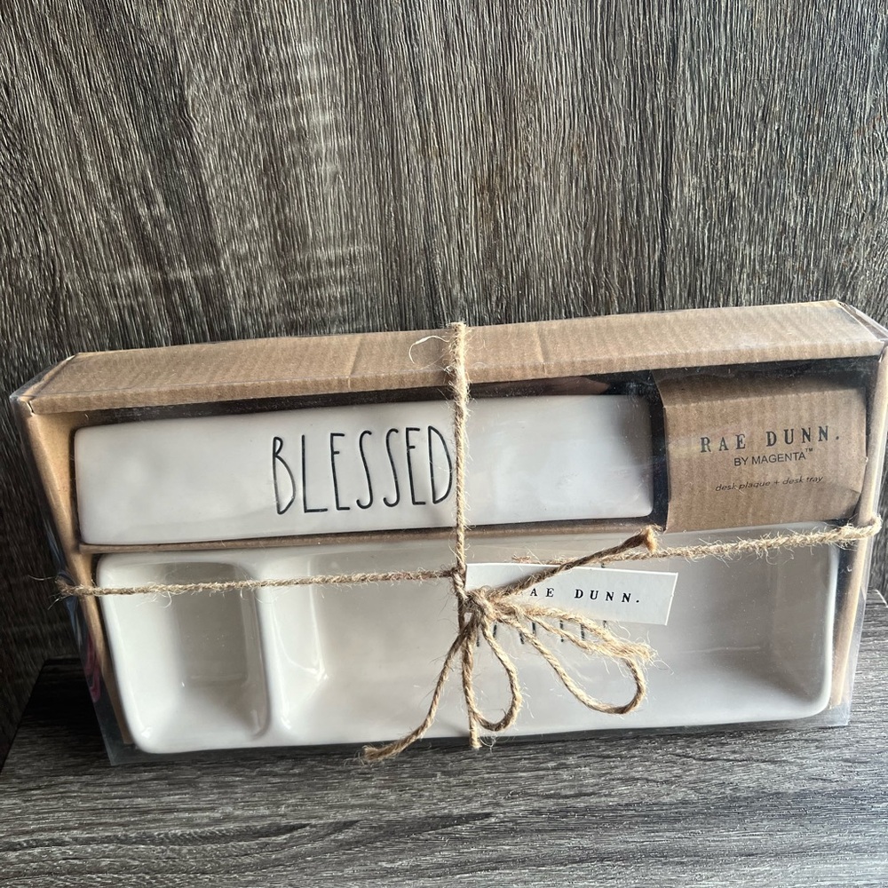 Rae Dunn Faith desk organizer, Blessed paperweight, and mom pens.